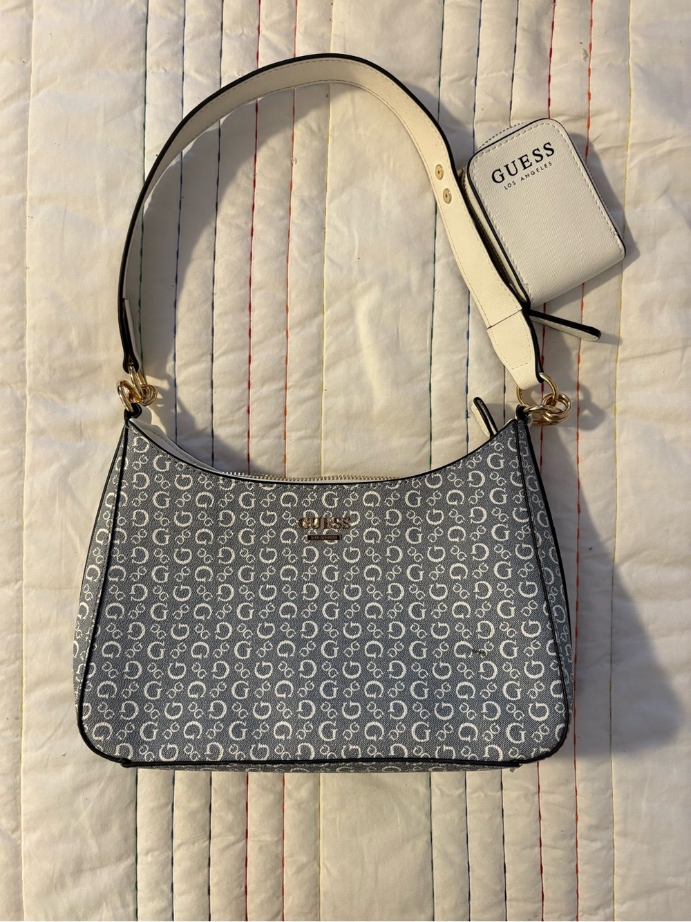 GUESS Gray Monogram Shoulder Bag with White Strap